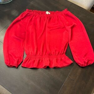 Michael Kors Blouse, Red Silky-Feel Peplum Elastic Neck Long Sleeve Large EUC